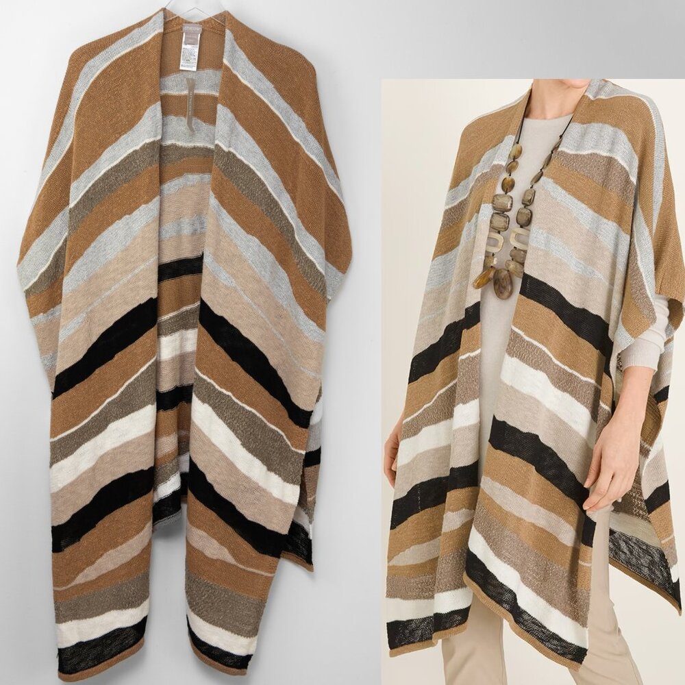 Chico's Knit Stripe Wrap Ruana Textured Wave Black Brown Tan Cream One Size New